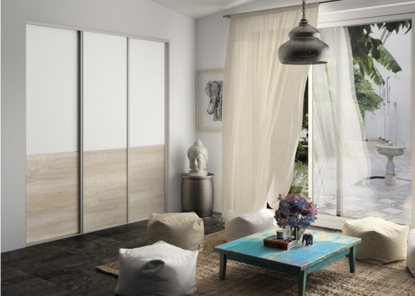 Porte Combo 
Uni blanc et Chêne Raboté - Profil Bahia Sablé Blanc .